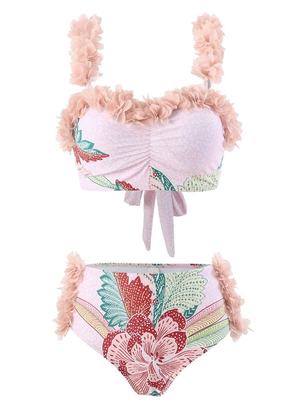 Pink 1950s Spaghetti Strap 3D Floral Swimsuit Unique Women's Upcycled