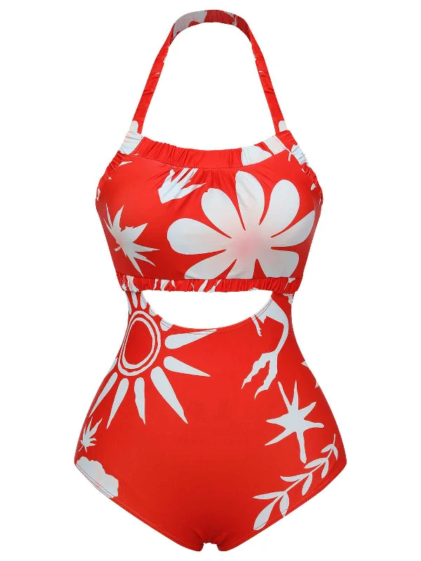 Red 1930s Halter Floral One-Piece Swimsuit Scandinavian