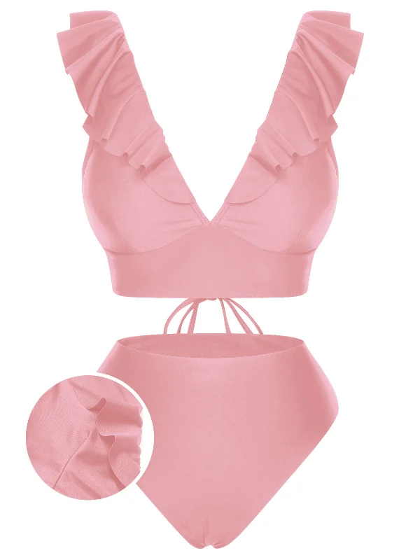 1950s Solid Ruffle Lace-Up V-Neck Swimsuit purpose