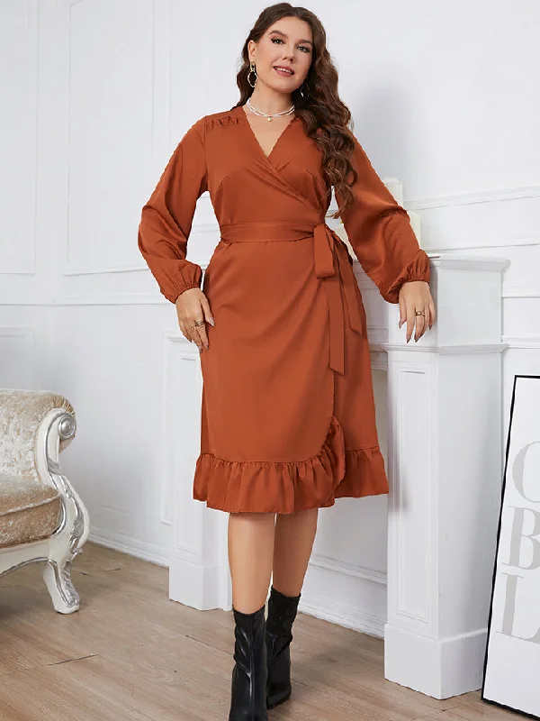 Plus Size Surplice Neck Tie Waist Dress Sophisticated Women's Tailored