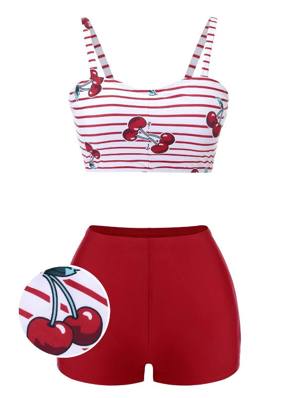 Red 1950s Striped Cherry Strap Swimsuit Streetwear Style for 