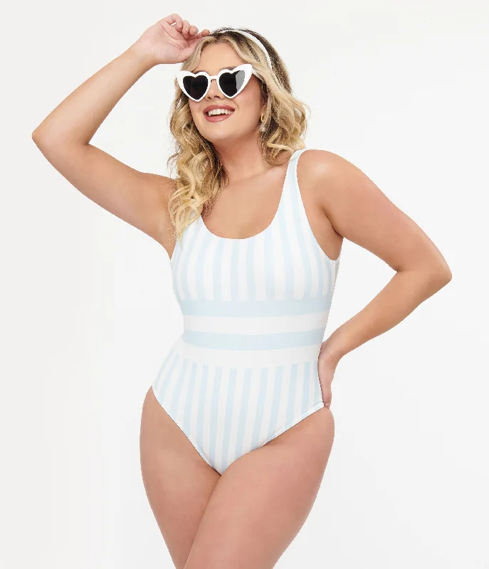 Light Blue & White Stripe One Piece Swimsuit Hip Women's Retro