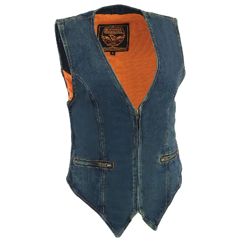 Milwaukee Leather MDL4010 Women's Blue Zipper Front Denim Vest with Side Stretch Geometric Milwaukee Leather MDL4010 Women's Blue Zipper Front Denim Vest with Side Stretch Geometric