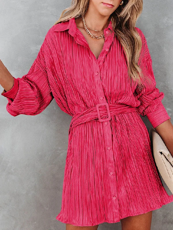 Tie Waist Button-Down Long Sleeve Dress Minimalist Women's Casual