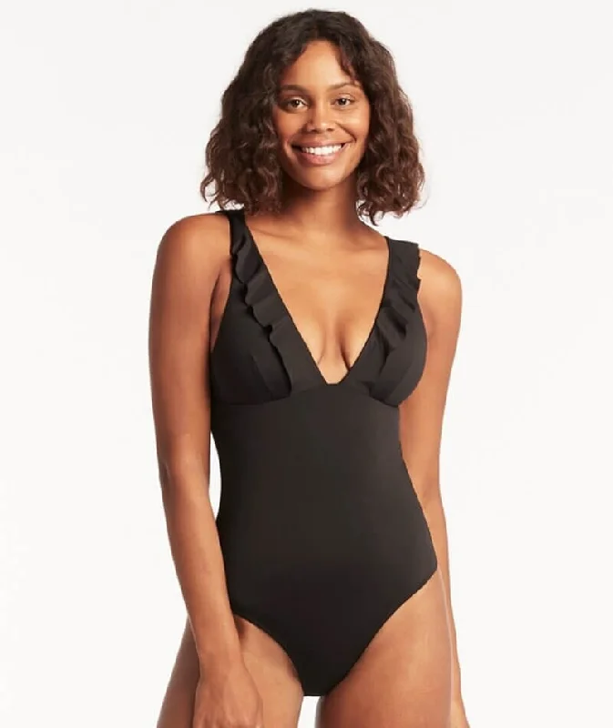 Sea Level Eco Essentials Frill One Piece Swimsuit - Black Modern Women's 