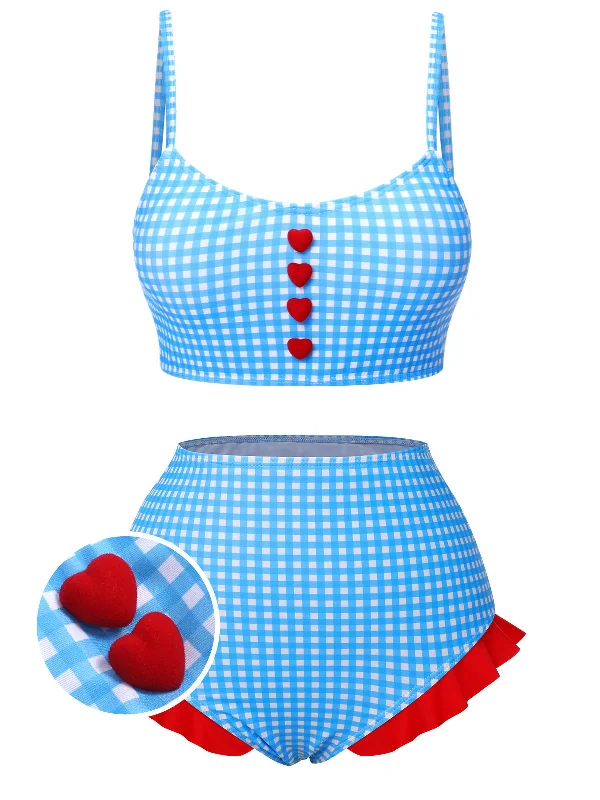 Blue 1950s Spaghetti Strap Button Plaids Swimsuit Cashmere