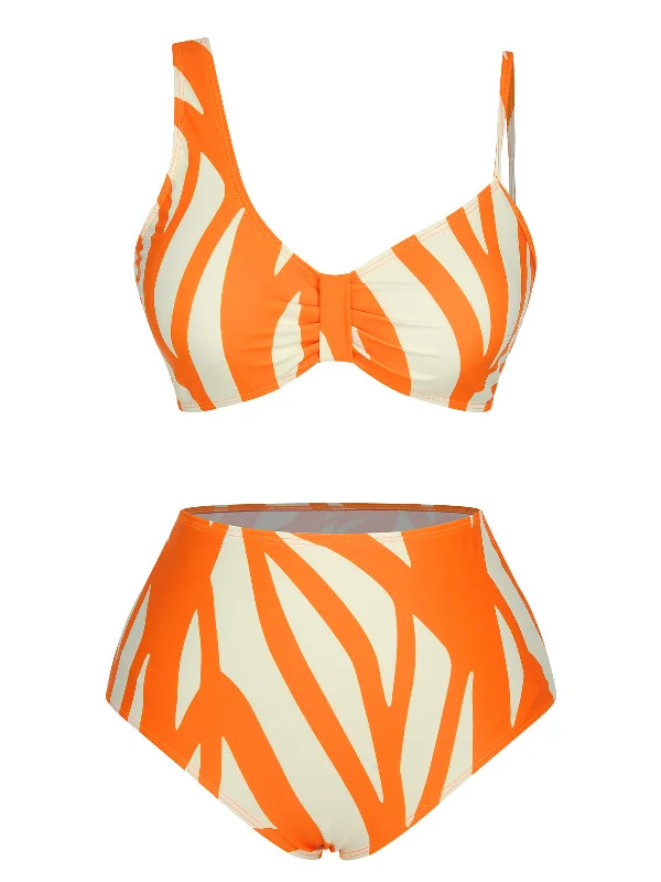 Orange 1960s Strap Stripe Swimsuit Polished Women's Silk