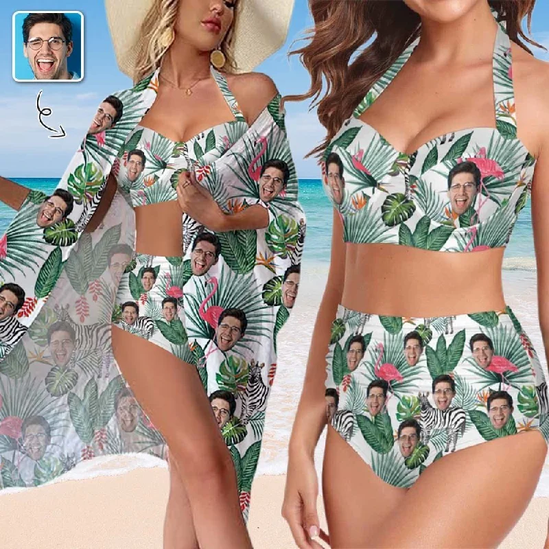 Custom Face Flamingo Women's Bikini Swimsuit Long Short Kimono Chiffon Blouse Set Refined Women's Hand - crafted