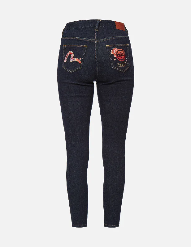 Peony-pattern Seagull and Kamon Embroidery Skinny Jeans Luxurious Women's High -  end