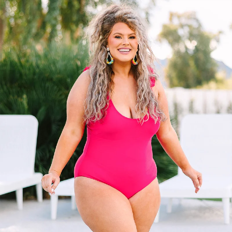 Ruffle Your Feathers Swimsuit, Hot Pink Cool Women's Distressed
