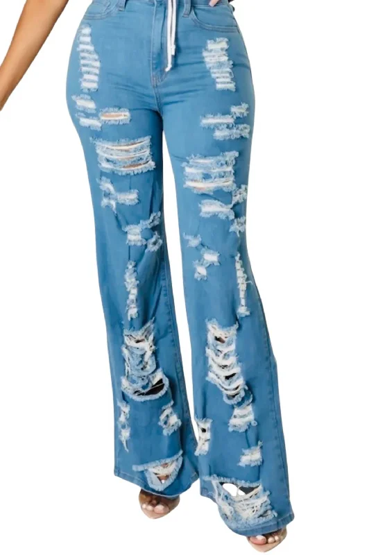 Distressed Jeans In Medium Blue Artistic Women's Hand - painted