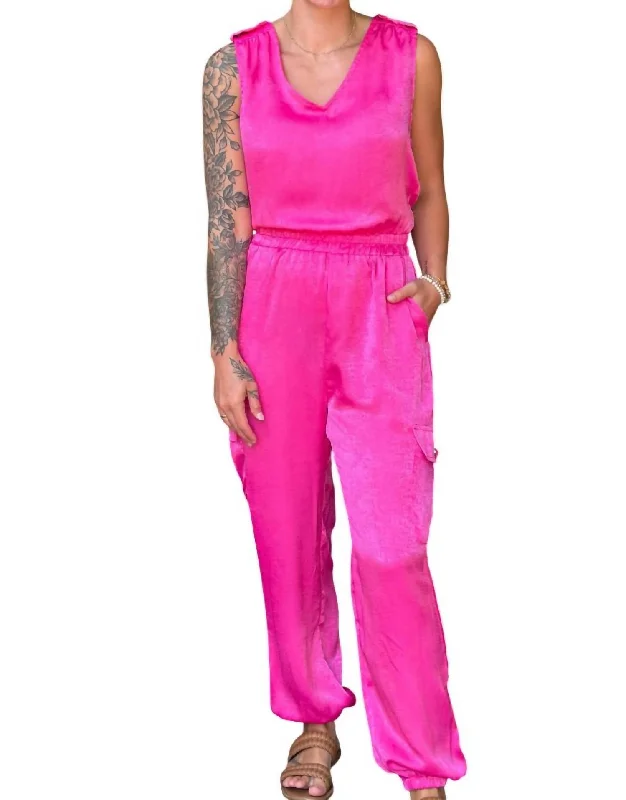 Satin Tapped Cargo Jumpsuit In Hot Pink Preppy Women's College