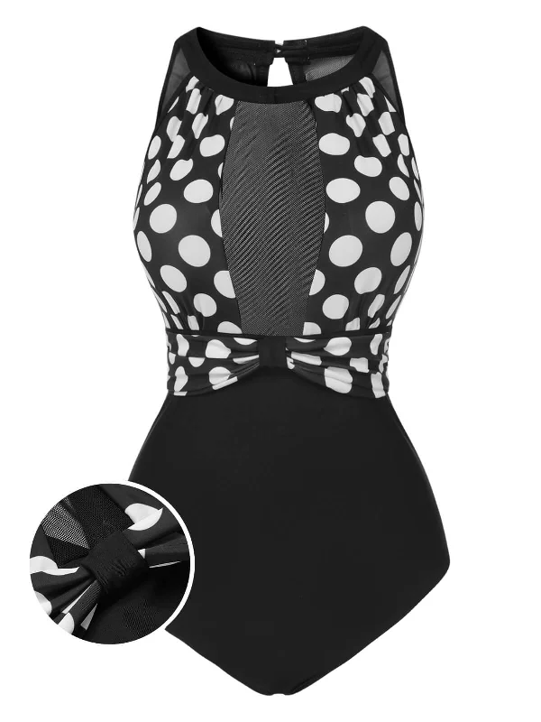 Black 1950s Polka Dot Swimsuit Athletic Women's High - 