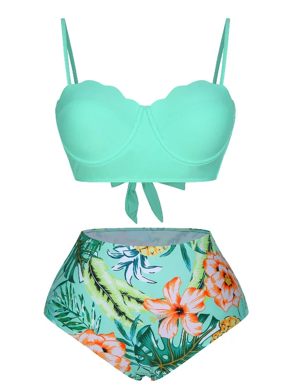 1960s Tropical Plant Back Strap Swimsuit Cozy Women's Winter