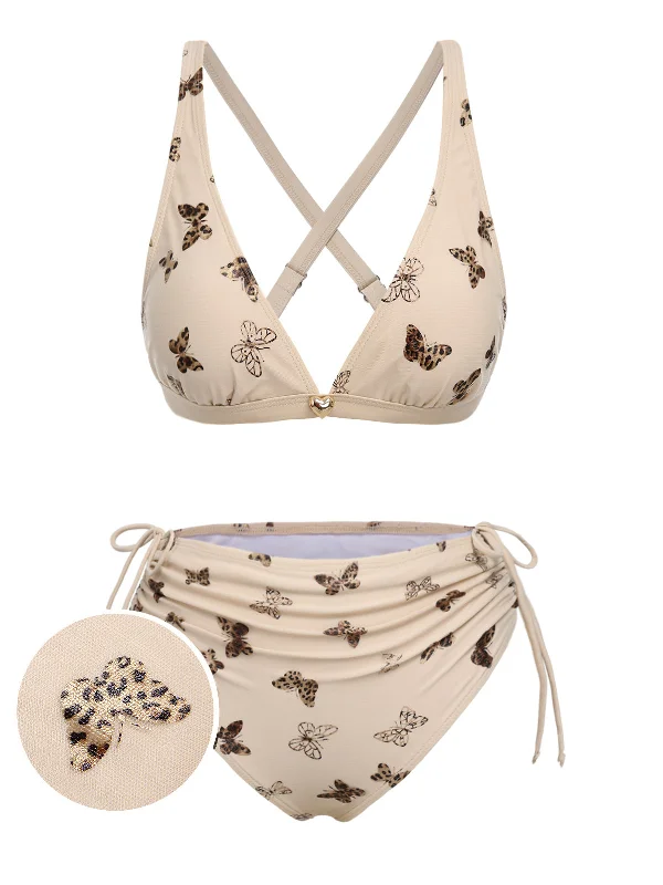 Apricot 1950s Butterfly Mesh Lace-Up Swimsuit Traditional Women's 