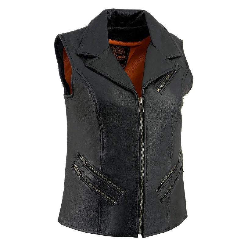 Milwaukee Leather MLL4521 Ladies Black Long Leather Vest with MC Lapel Collar Cozy Women's Winter Milwaukee Leather MLL4521 Ladies Black Long Leather Vest with MC Lapel Collar Cozy Women's Winter