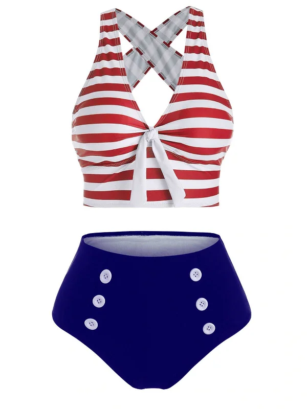 1950s Retro Strap Stripes Criss Cross Bikini Confident Women's Power