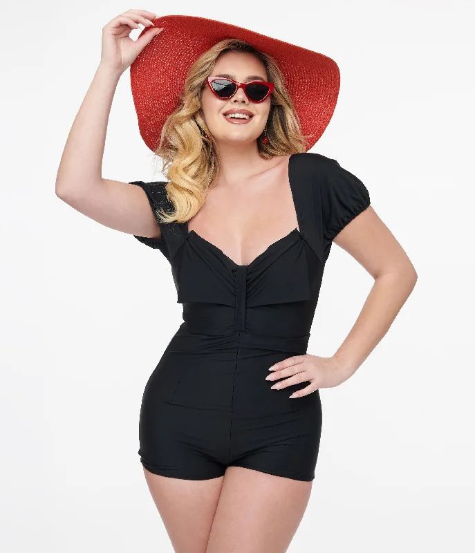 1950s Black Bow Romper Swimsuit Laid - back Women's Style