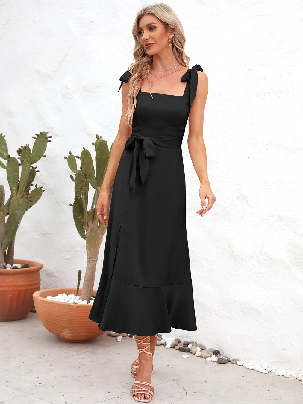 Square Neck Tie Strap Midi Dress Classic Women's Tweed