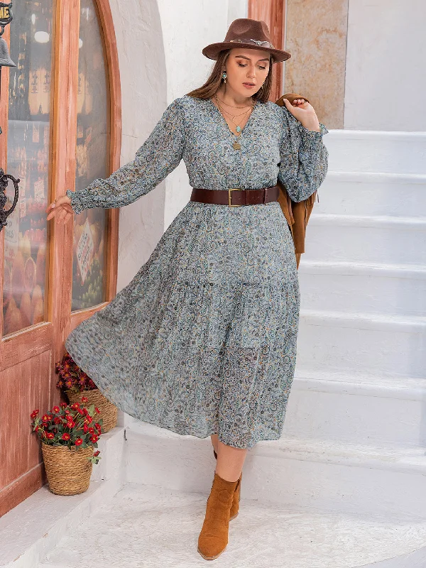 Plus Size V-Neck Long Sleeve Midi Dress Relaxed Women's 