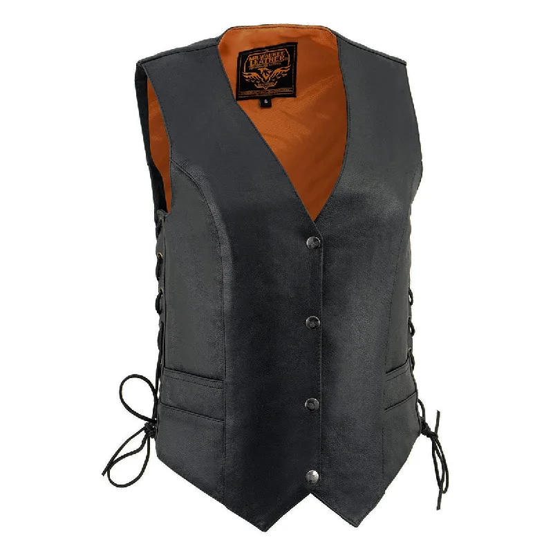 Milwaukee Leather ML1254 Women's Black Premium Leather Side Lace Motorcycle Rider Vest w/ Milwaukee Leather Logo Snaps Closure performance