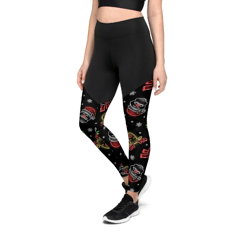 Neon Christmas Compression Leggings Artistic Women's Hand - painted
