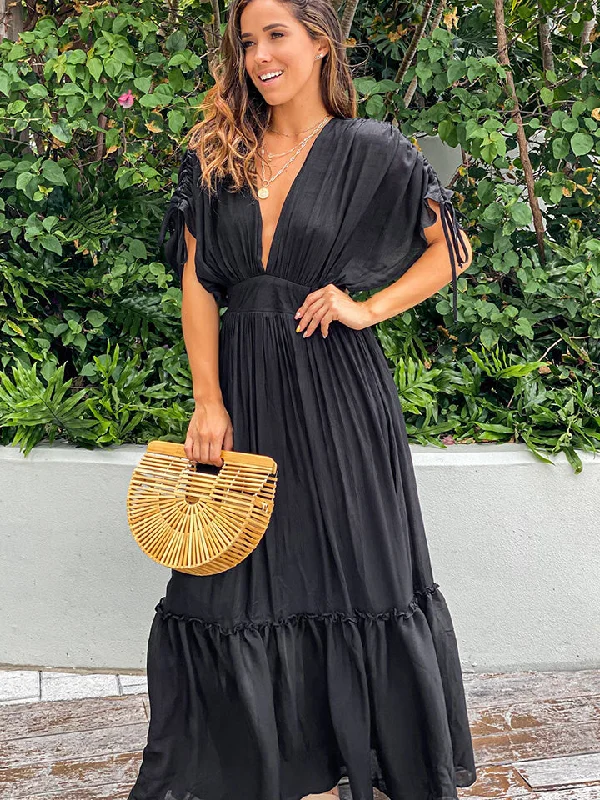 Plunge Neck Tie Sleeve Maxi Dress Refined Women's Hand - crafted