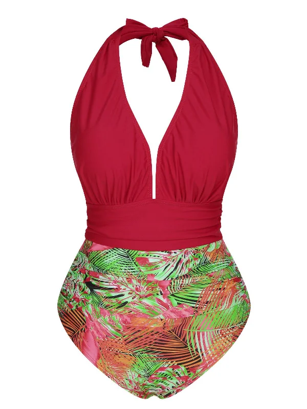 Red 1930s Tropical Plants One-Piece Swimsuit Sophisticated Women's Tailored