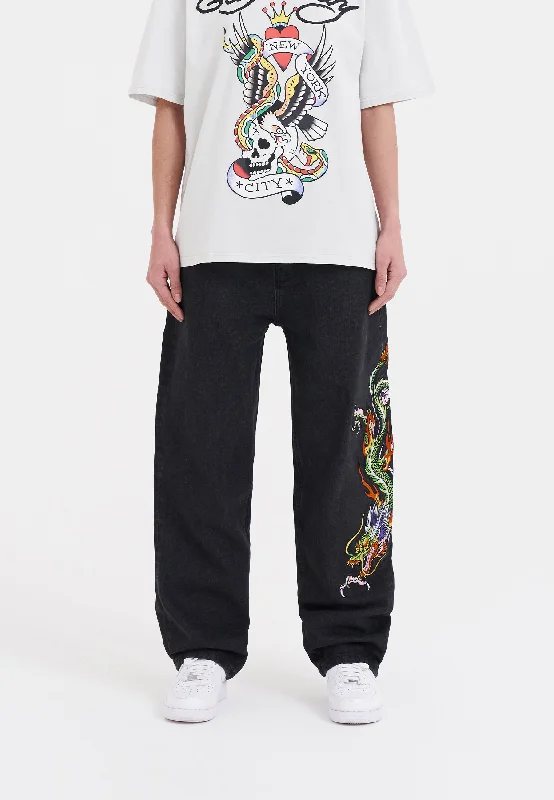 Womens Crawling Dragon Relaxed Fit Denim Trousers Jeans - Black Sleek Women's Metallic Womens Crawling Dragon Relaxed Fit Denim Trousers Jeans - Black Sleek Women's Metallic