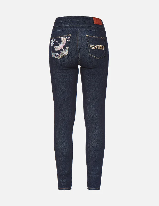 Crane Embroidery and Logo Appliqué Skinny Jeans Earthy Women's Hemp - based