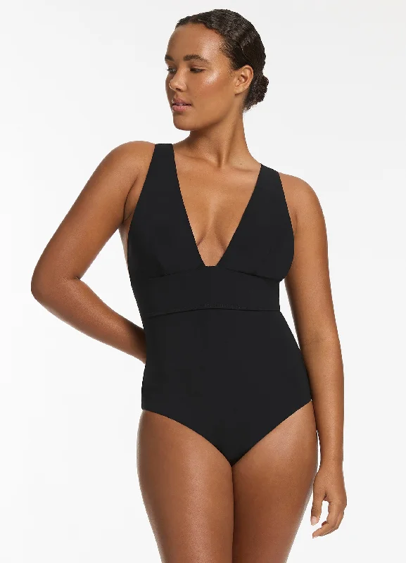 Jetset Plunge Tie Back One Piece - Black Business