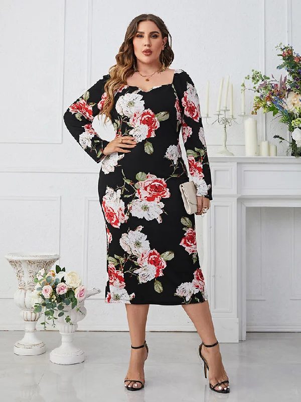 Plus Size Printed Square Neck Long Sleeve Dress Dynamic Women's High - energy