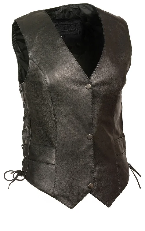 M Boss Motorcycle Apparel BOS24502 Women's Classic Black Leather Snap Front Motorcycle Vest with Side Laces Streetwear Style for 