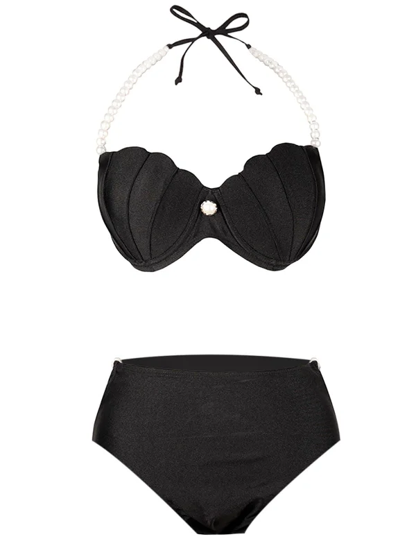 Black 1960s Shell Pearl Halter Bikini Set Streetwear Style for 