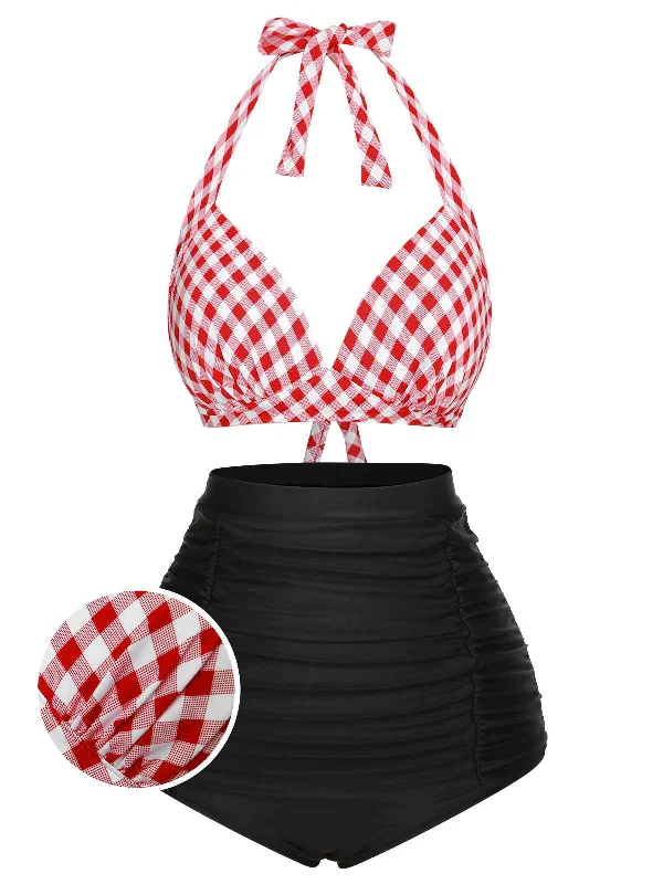 1950s Halter Plaids Lace-Up Swimsuit Trendy Women's 