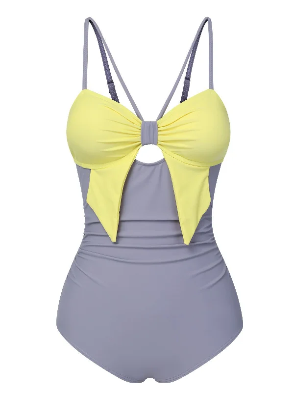 Purple & Yellow 1950s Cut Out Contrast Bow Swimsuit Youthful Women's Anime - inspired