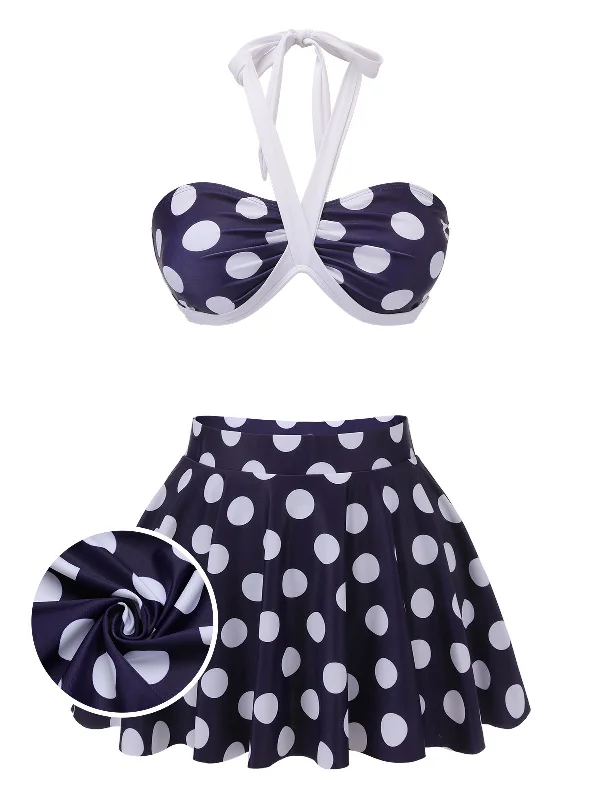 Navy Blue 1940s Polka Dot Halter Swimsuit Sustainable Organic