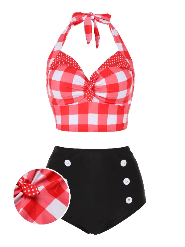 Red 1950s Plaid Halter Bikini Set Luxurious Women's High -  end