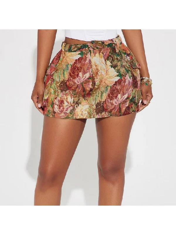 Floral Jacquard Weave Cargo Skirts Monochromatic All - in - one