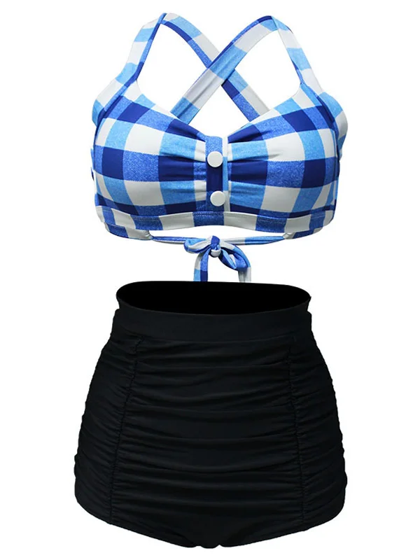 1950s Plaid Criss Cross Pleated Bikini Earthy Women's 