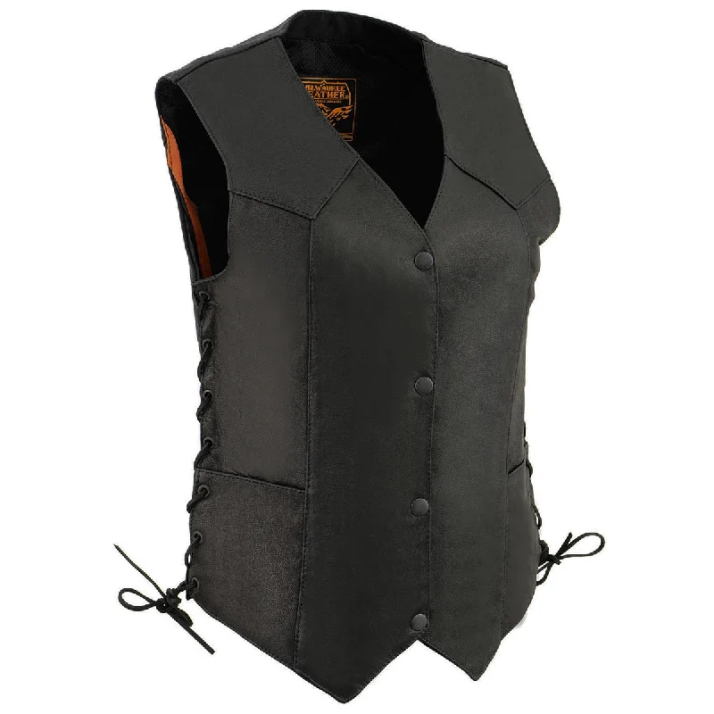 Milwaukee Leather MLL4546 Women's Black Premium Leather Lightweight 4-Snap V-Neck Side Lace Motorcycle Rider Vest Practical Women's Multi - Milwaukee Leather MLL4546 Women's Black Premium Leather Lightweight 4-Snap V-Neck Side Lace Motorcycle Rider Vest Practical Women's Multi -