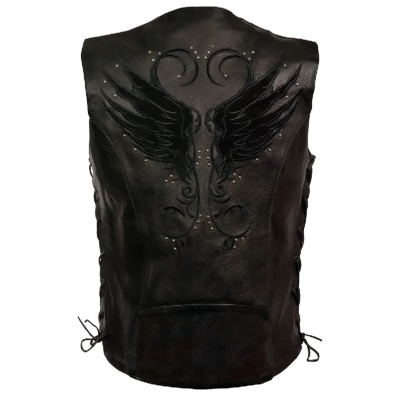 Milwaukee Leather MLL4505 Women's Black Leather Side Lace Motorcycle Rider Vest- Reflective and Studded Black Wings Confident Women's Power Milwaukee Leather MLL4505 Women's Black Leather Side Lace Motorcycle Rider Vest- Reflective and Studded Black Wings Confident Women's Power