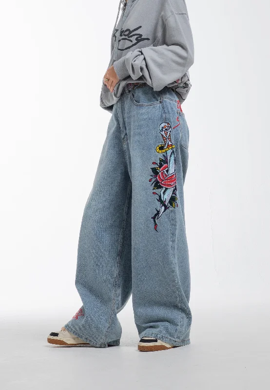 Womens Love Kills Xtra Oversized Denim Trousers Jeans - Bleach Relaxed Women's 