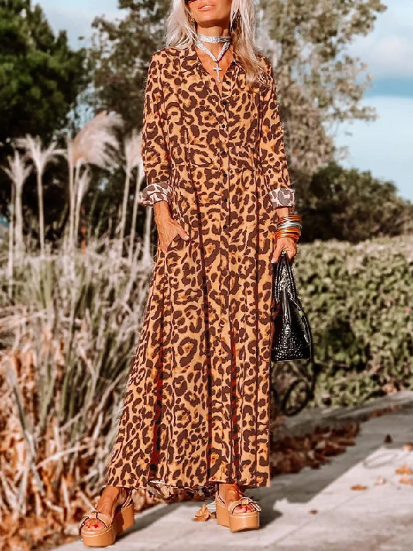 Leopard Buttoned Maxi Dress Bohemian Women's Free