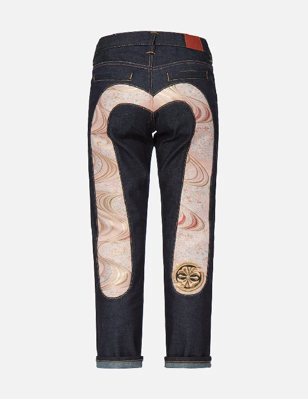 Sakura-pattern Brocade Daicock Insert Boyfriend Jeans Cool Women's Distressed
