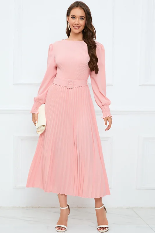 Round Neck Flounce Sleeve Pleated Dress Earthy Women's 