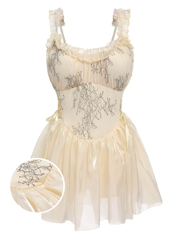 Beige 1930s Organza Ruffle One-Piece Swimsuit Contemporary 