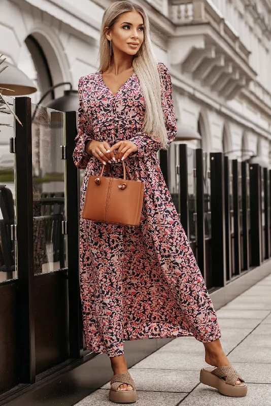 Printed V-Neck Long Sleeve Maxi Dress Modern Women's Tech