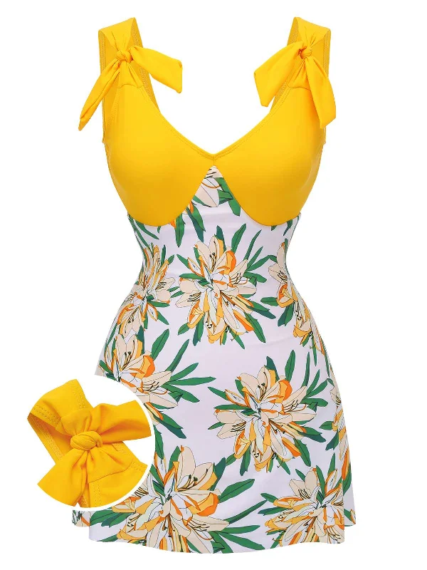 Yellow 1940s Floral Patchwork One-Piece Swimsuit Country