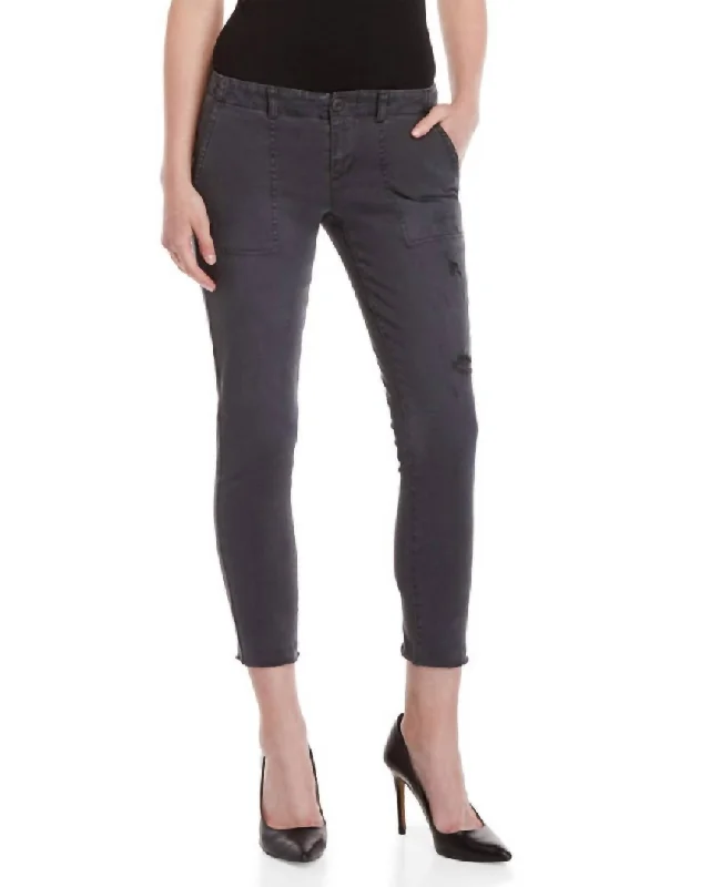 Twill Raw Hem With Distressed Lace-Up Detail Crop Pants In Grey British Gentlewoman Style
